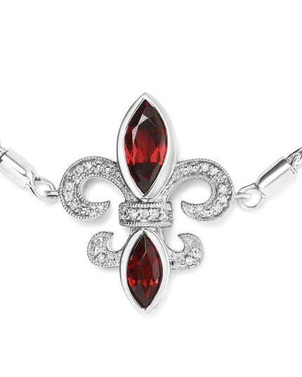 .925 Sterling Silver Marquise Garnet  and Diamond Accent Lariat 4”-10” Fleur De Lis Adjustable Bolo Bracelet (H-I Color, SI1-SI2 Clarity)