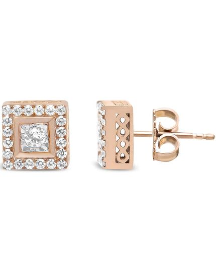 14K Rose Gold Plated .925 Sterling Silver 1/2 Cttw Diamond Halo Square-Shaped Frame Stud Earring (I-J Color, I3 Clarity)