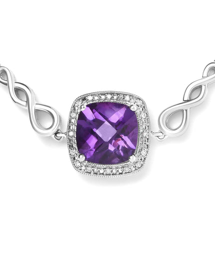 .925 Sterling Silver 10mm Cushion Cut Amethyst Gemstone and Diamond Accent Lariat 4”-10” Adjustable Bolo Bracelet (H-I Color, SI1-SI2 Clarity)