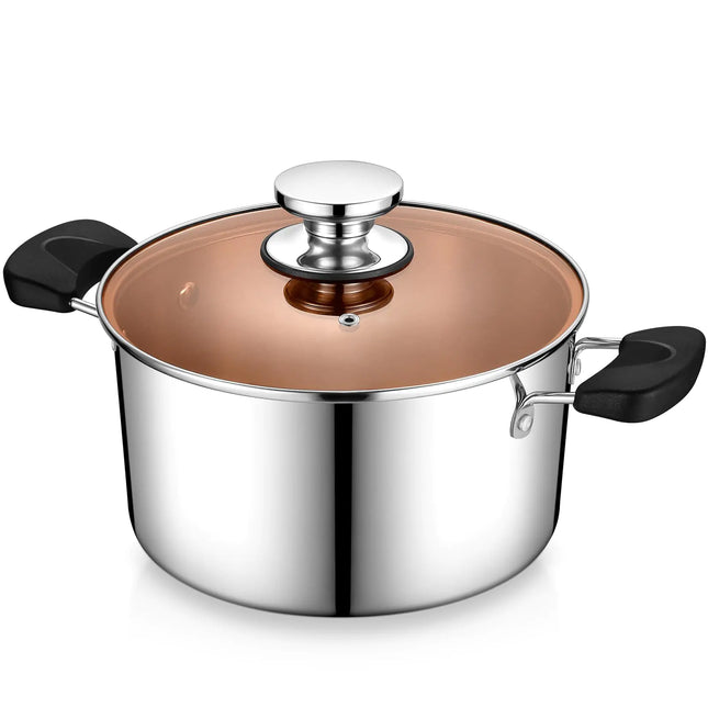5 Qt Stainless Steel Pot with Lid P&P CHEF 3-Ply Stock Pot for Cooking Pasta & Stewing Soup Fits Multi Stoves Heat-proof Handle & Clear Lid Heavy Duty & Dishwasher Safe