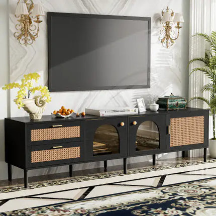 Rattan TV Stand With Cabinets & Drawers, Media Console Table For Tvs Up To 80'', LED Light