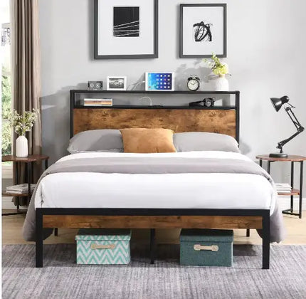 Queen Metal Platform Bed Frame With Wooden Headboard/footboard, USB Liner