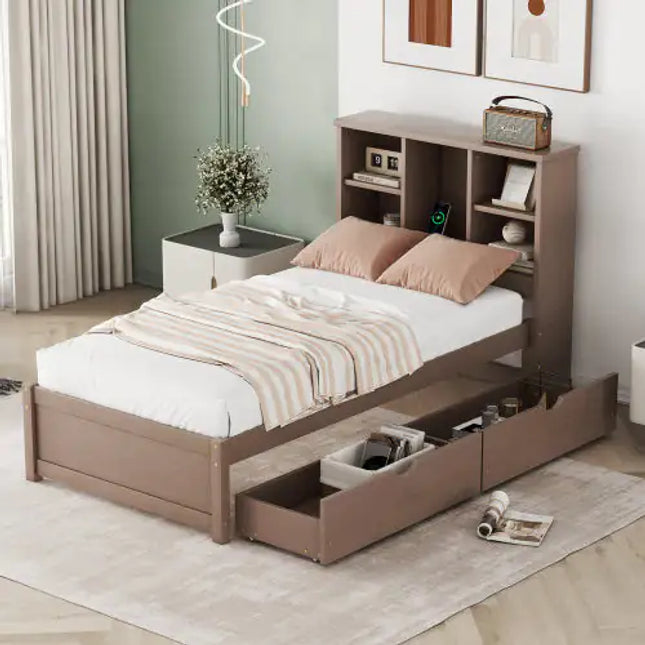 Twin Bed Frame With USB Port, Bookcase Headboard, 2 Drawers - Walnut