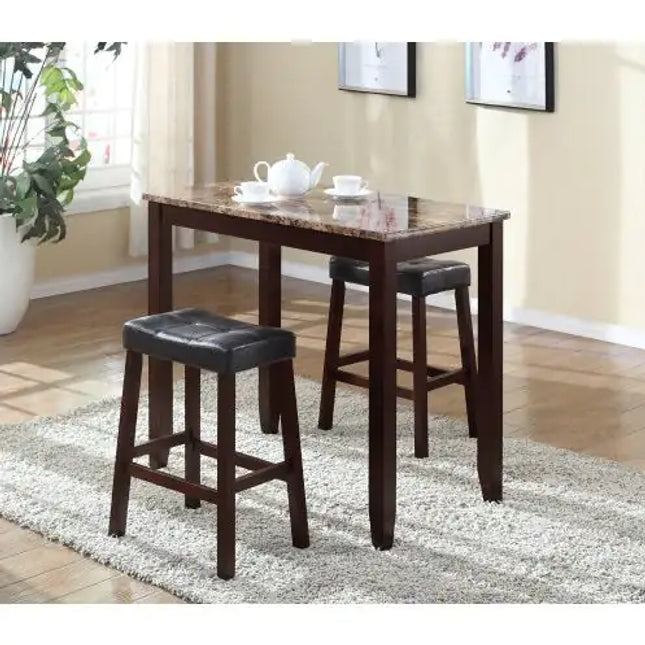 3-piece Counter Height Marble Breakfast Table Set, Espresso