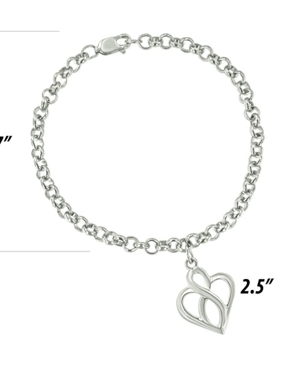 .925 Sterling Silver Open Heart with Center Vertical Infinity Chain Charm Bracelet - Size 7"