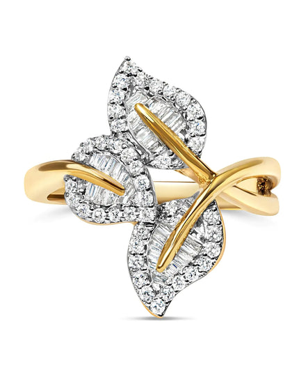 18K Yellow Gold Plated .925 Sterling Silver 1/2 Cttw Baguette and Round Diamond Bypass Triple Leaf Ring (I-J Color, I1-I2 Clarity)