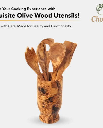 Olive Wood Kitchen Servers Set w/Holder - 6 Pcs