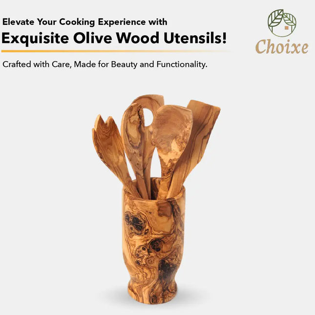 Olive Wood Kitchen Servers Set w/Holder - 6 Pcs