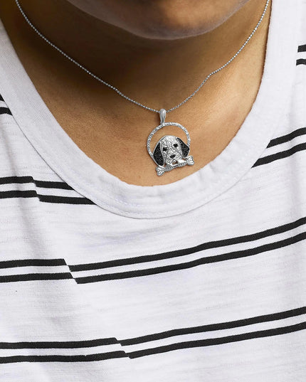 .925 Sterling Silver 1/4 Cttw White and Black Diamond Beagle Dog and Bone Pendant Necklace (I-J Color, I2-I3 Clarity) - 18" Inches