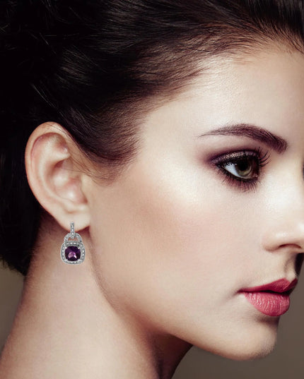.925 Sterling Silver 8MM Natural Cushion Shaped Amethyst and Diamond Accent Halo with Push Back Dangle Earrings (I-J Color, I2-I3 Clarity)