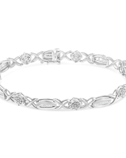 .925 Sterling Silver 1.0 Cttw Round-Cut and Baguette-Cut Diamond X-Link Bracelet (I-J Color, I1-I2 Clarity) - 7"