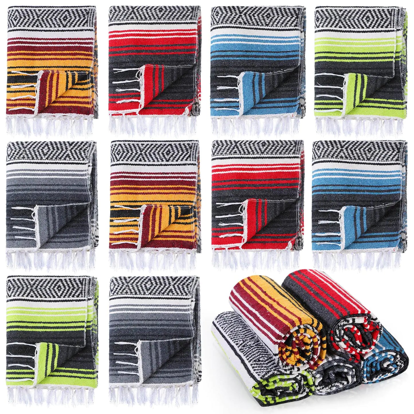 10-Pack Authentic Mexican Serape Blankets – Large Colorful Woven Throws for Yoga, Camping & Beach – Mixed Colors