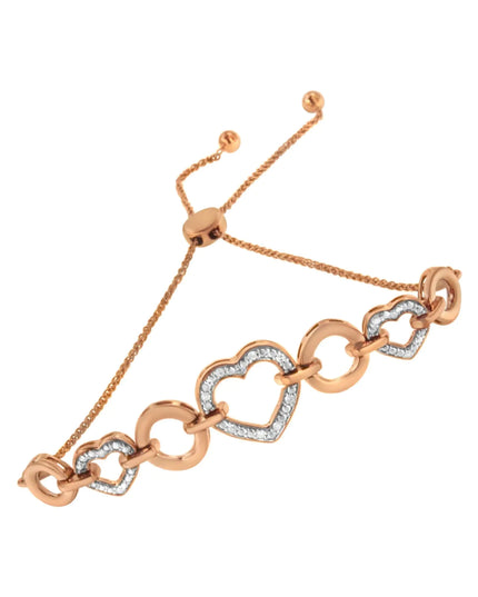 14K Rose Gold Plated .925 Sterling Silver Diamond Accent Circle and Heart Link Adjustable 6”-10” Bolo Bracelet (I-J Color, I3 Clarity)