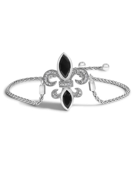 .925 Sterling Silver Marquise Black Onyx and Diamond Accent Lariat 4”-10” Fleur De Lis Adjustable Bolo Bracelet (I-J Color, I1-I2 Clarity)