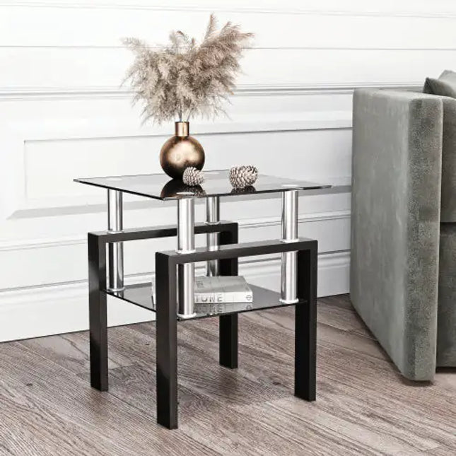 Modern Tempered Glass Coffee Table, Square, Black