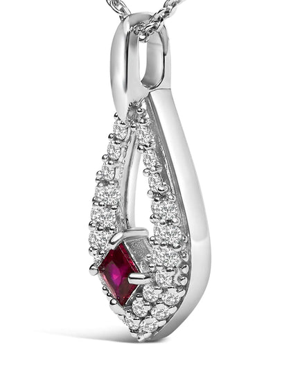 .925 Sterling Silver Created Red Ruby and White Sapphire Pear Shaped Pendant Necklace - 18" Inches