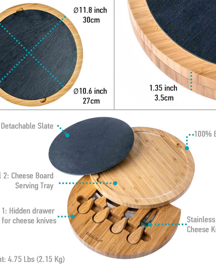 Bamboo Cheese Board With Knife Set & Removable Slate - 12" Swivel Charcuterie Board