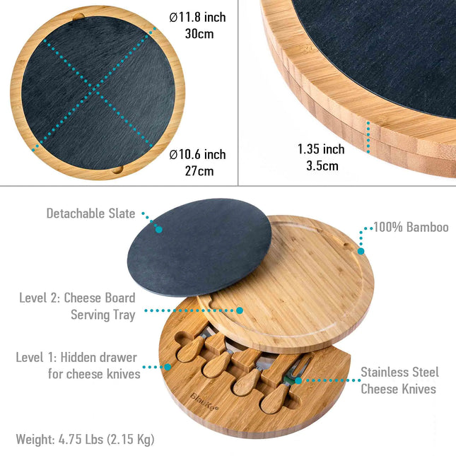 Bamboo Cheese Board With Knife Set & Removable Slate - 12" Swivel Charcuterie Board