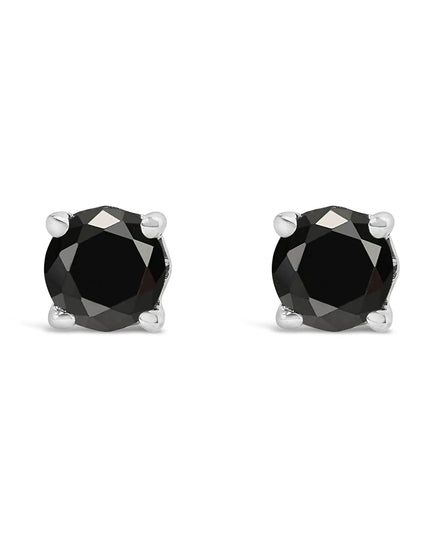 .925 Sterling Silver Black Diamond Solitaire Stud Earrings (Black Color, I2-I3 Clarity)
