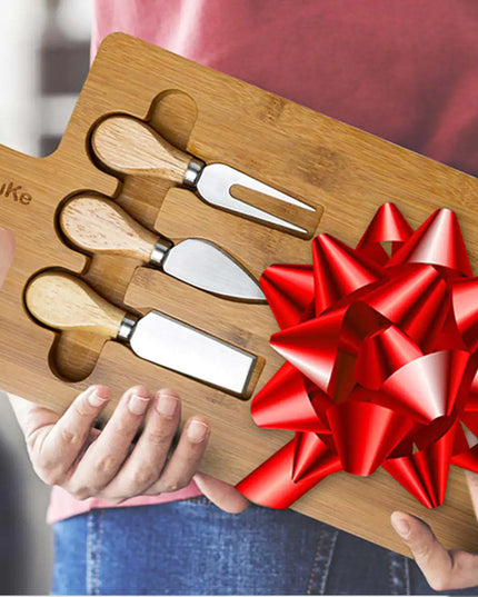 Bamboo Cheese Board Set - 12x8 Inch Charcuterie Tray With Magnetic Cutlery Storage