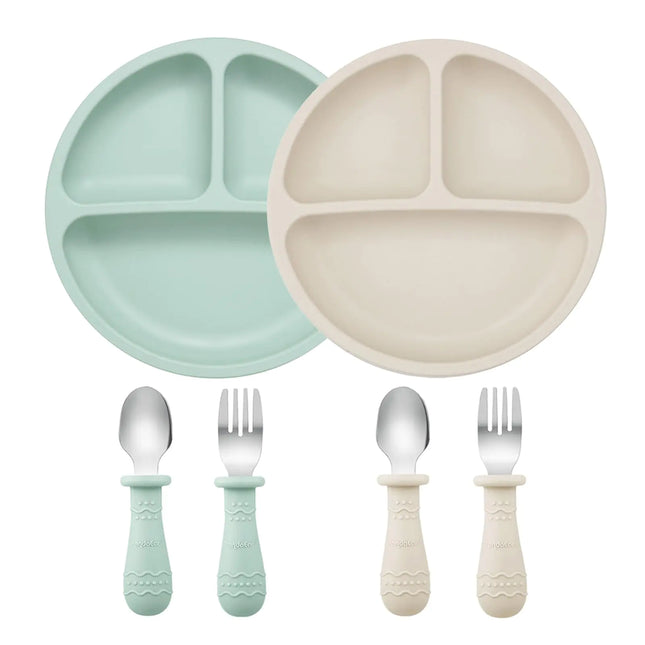 Baby Feeding Set – 2-Pack Silicone Suction Plates with Forks & Spoons | Baby-Led Weaning Utensils