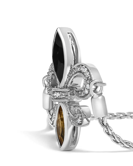 .925 Sterling Silver Marquise Black Onyx, Orange Citrine, and Diamond Accent Lariat 4”-10” Fleur De Lis Adjustable Bolo Bracelet (I-J Color, I1-I2 Clarity) - 7"