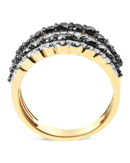 14K Yellow Gold Plated .925 Sterling Silver 1 3/4 Cttw Treated Black and White Alternating Diamond Multi Row Band Ring (Black / I-J Color, I2-I3 Clarity)