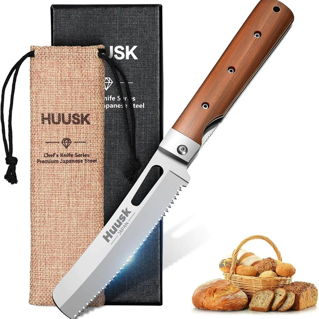 Huusk Folding Bread Knife – Portable 440C Stainless Steel Knife with Wavy Edge for Bread, Steak, and Tomatoes