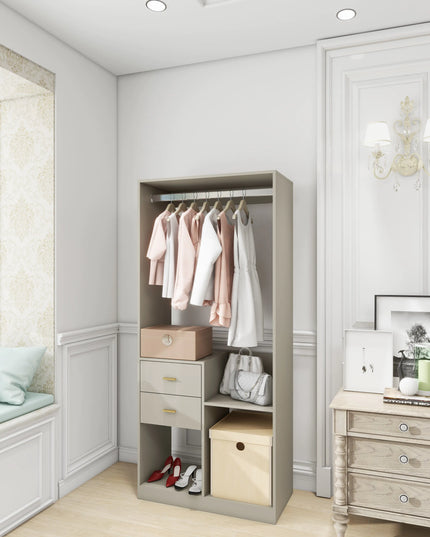 Wood Closet System With Drawers, Rods, Shelves Gray