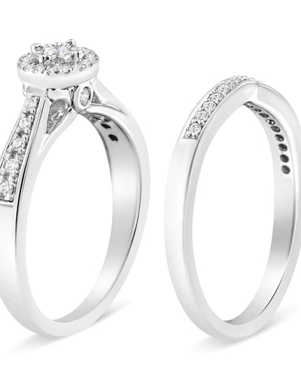 .925 Sterling Silver 1/3 Cttw Diamond Halo and Pave Shank Engagement Ring Set (I-J Color, I3 Clarity)