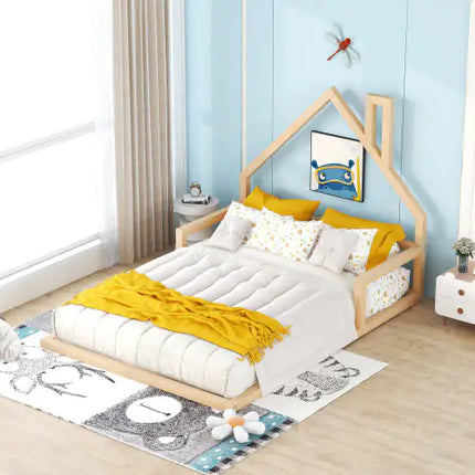Twin Wood Floor Bed, House-shaped Headboard