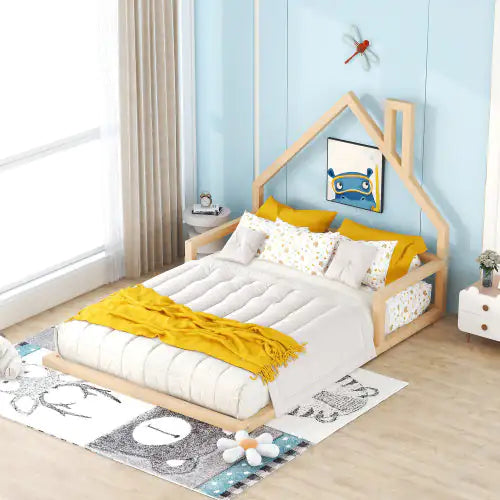 Twin Wood Floor Bed, House-shaped Headboard