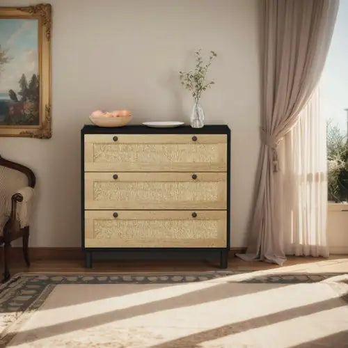3-Drawer Woven Rope Storage Cabinet – Ideal for Bedroom, Living Room, Dining Room, or Hallway