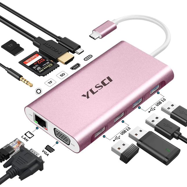 USB C Hub 11 in 1 Docking Station with 4K HDMI VGA 100W PD Ethernet SD/TF 3.5MM Audio 4 USB A USB C Adapter for Mac Pro/Air Surface Pro and More