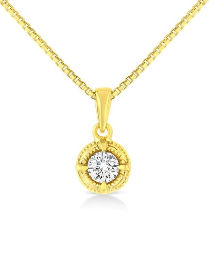 14K Yellow Gold Plated .925 Sterling Silver Brilliant Round Cut Diamond Solitaire Milgrain 18" Pendant Necklace