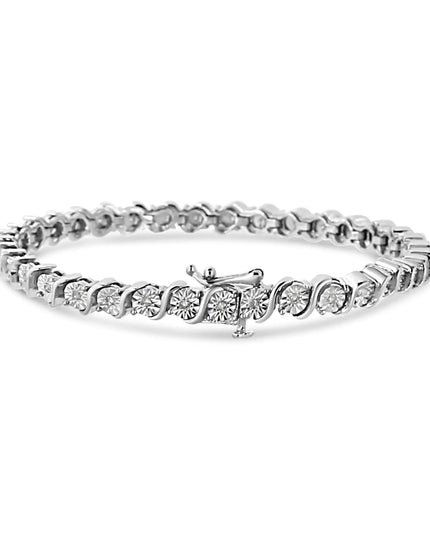 .925 Sterling Silver 1/4 Cttw Diamond Round Miracle Plate and "S" Link Tennis Bracelet (I-J Color, I2- I3 Clarity) - 7"
