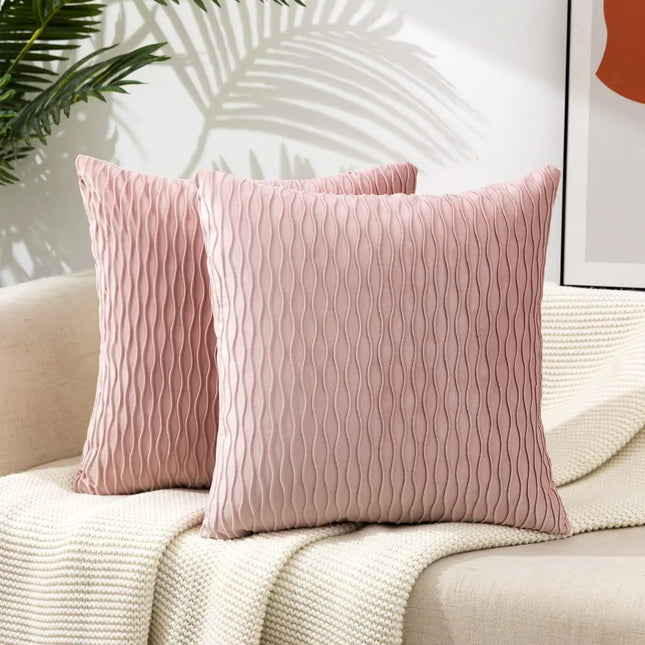 Throw Pillows with Inserts Included 18" x 18" 2 Pack Velvet Striped Pillow Covers with Inserts Farmhouse Home Decor (Light Pink)