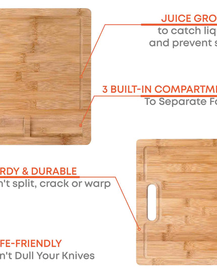XL Bamboo Cutting Board - 17x12.5 Inch Wood Tray For Meat, Cheese, Veggies - Juice Groove, 3