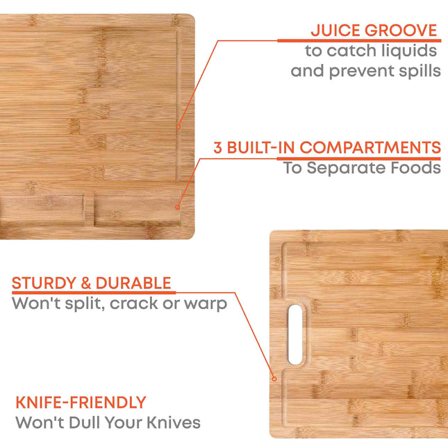 XL Bamboo Cutting Board - 17x12.5 Inch Wood Tray For Meat, Cheese, Veggies - Juice Groove, 3