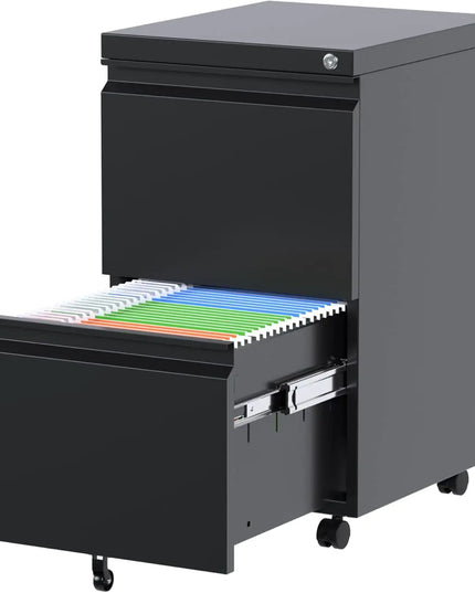 Mobile Metal 2-drawer File Cabinet, Lock, Legal/letter, Black