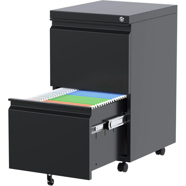 Mobile Metal 2-drawer File Cabinet, Lock, Legal/letter, Black