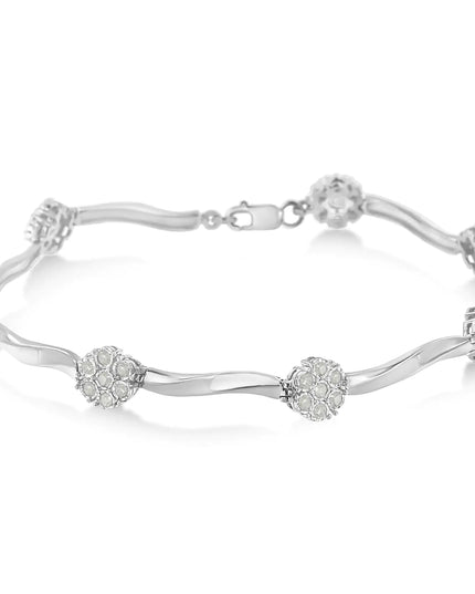 .925 Sterling Silver 1.0 cttw Miracle-Set Diamond 7 Stone Floral Cluster Link Bracelet (I-J Color, I3 Clarity) -7"