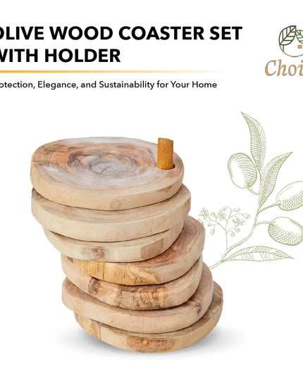 Olive Wood Coaster Set with Holder - 7 Pcs