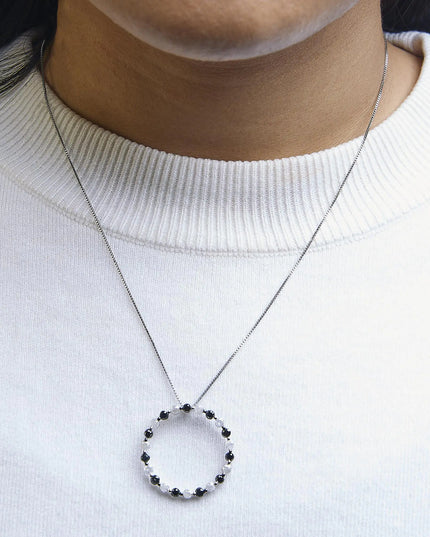 .925 Sterling Silver 1 3/4 Cttw Alternating Black and White Diamond Open Circle Hoop Pendant Necklace (H-I Color, I2-I3 Clarity) - 18" Inches