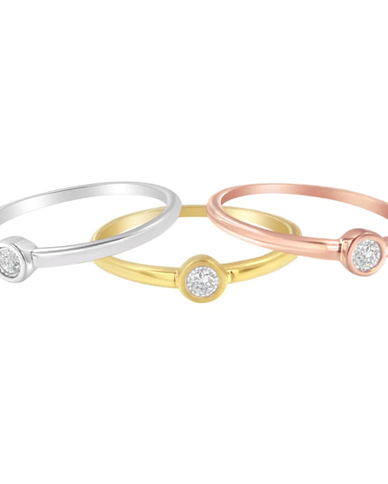 Tri-Color 14K Gold Plated .925 Sterling Silver 1/6 Cttw Round Miracle-Set Diamond Stacking Promise Ring Set (J-K Color, I1-I2 Clarity)