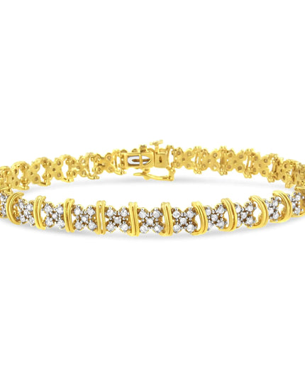 10K Yellow Gold Plated .925 Sterling Silver 2.0 Cttw Round Diamond Cluster "X" Shaped Link Bracelet (H-I Color, I3 Clarity) - 7"
