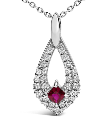 .925 Sterling Silver Created Red Ruby and White Sapphire Pear Shaped Pendant Necklace - 18" Inches