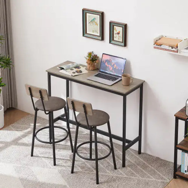 Bar Table Set, 2 Bar Stools, PU Soft Seat, Grey