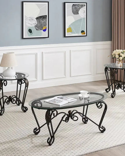 3-piece Tempered Glass Coffee Table Set, 1 Oval, 2 Round End Tables, Living Room