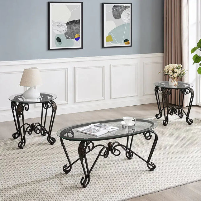 3-piece Tempered Glass Coffee Table Set, 1 Oval, 2 Round End Tables, Living Room